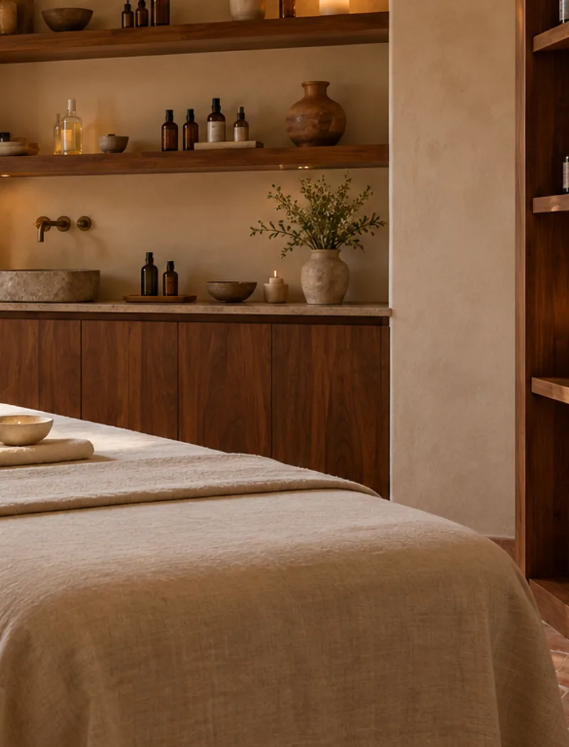 Illustrative skincare details in a calm treatment setting