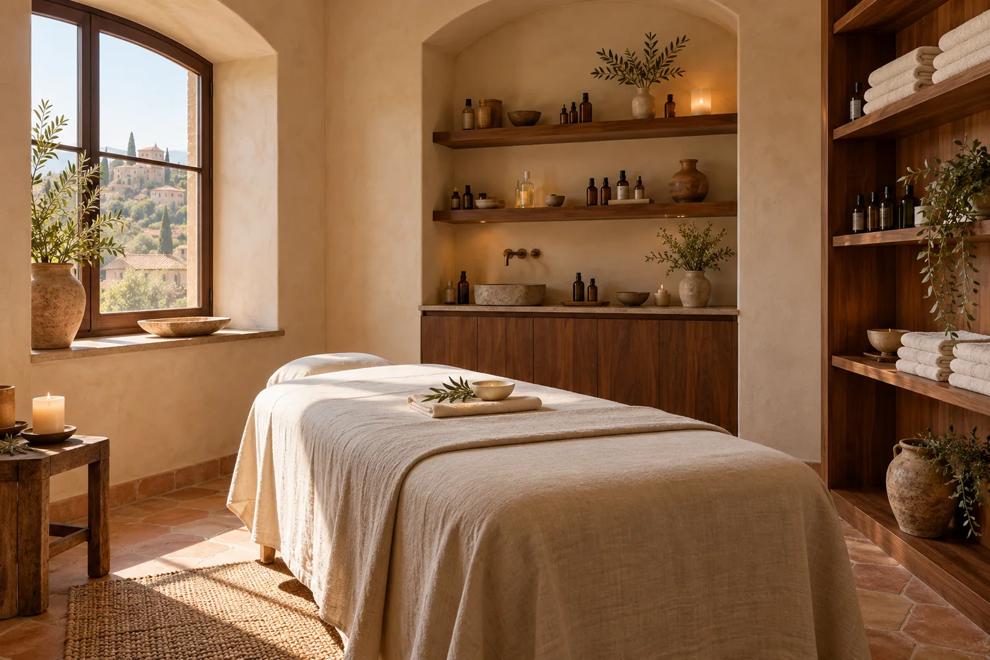 Illustrative boutique treatment room, not a photograph of the actual salon